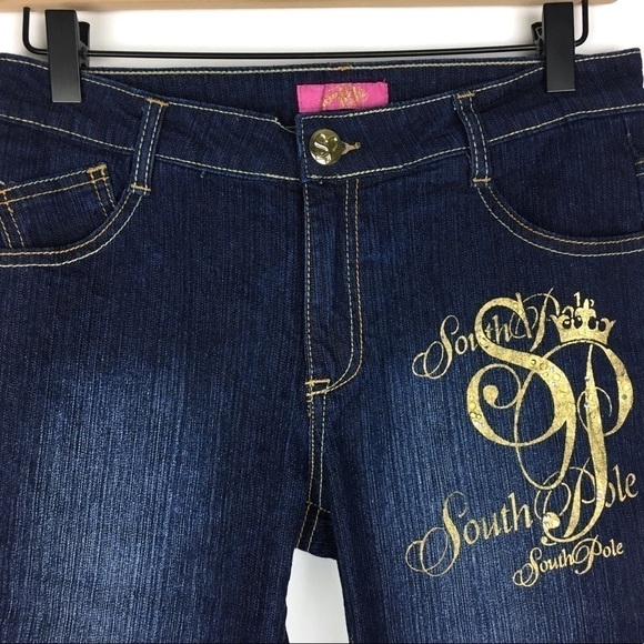 SOUTH POLE Capri Jeans Cuffed Rhinestones Metallic Dark Wash Denim Size 16 Girls - Picture 2 of 14